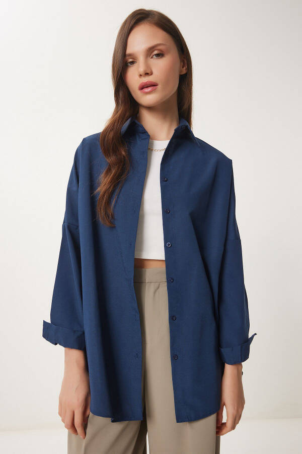 Women's Navy Oversize Long Basic Shirt 3900 DD00842 - 2