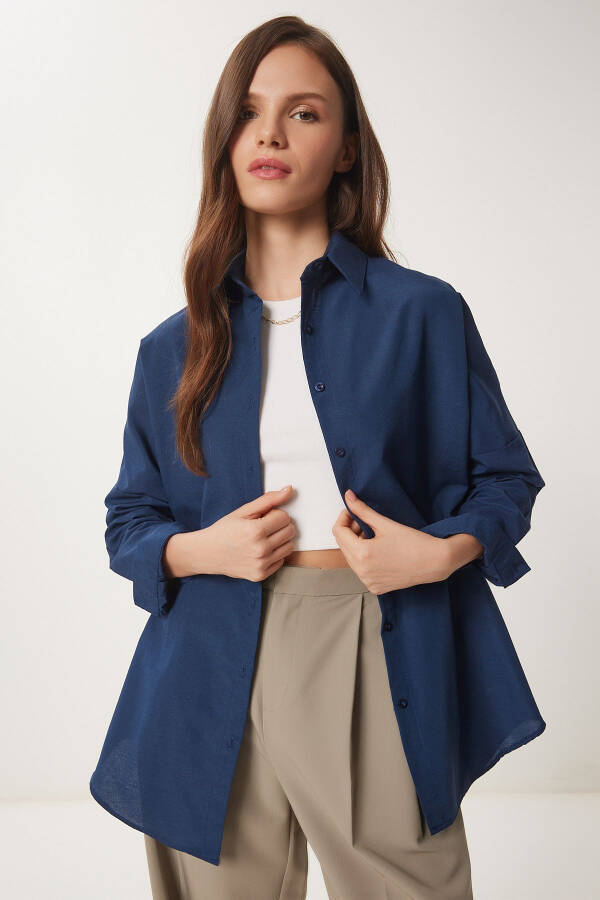 Women's Navy Oversize Long Basic Shirt 3900 DD00842 - 3