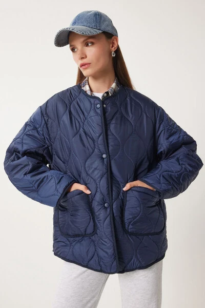 Women's Navy Oversized Quilted Jacket with Pockets DZ00098 - HAPPINESS İSTANBUL