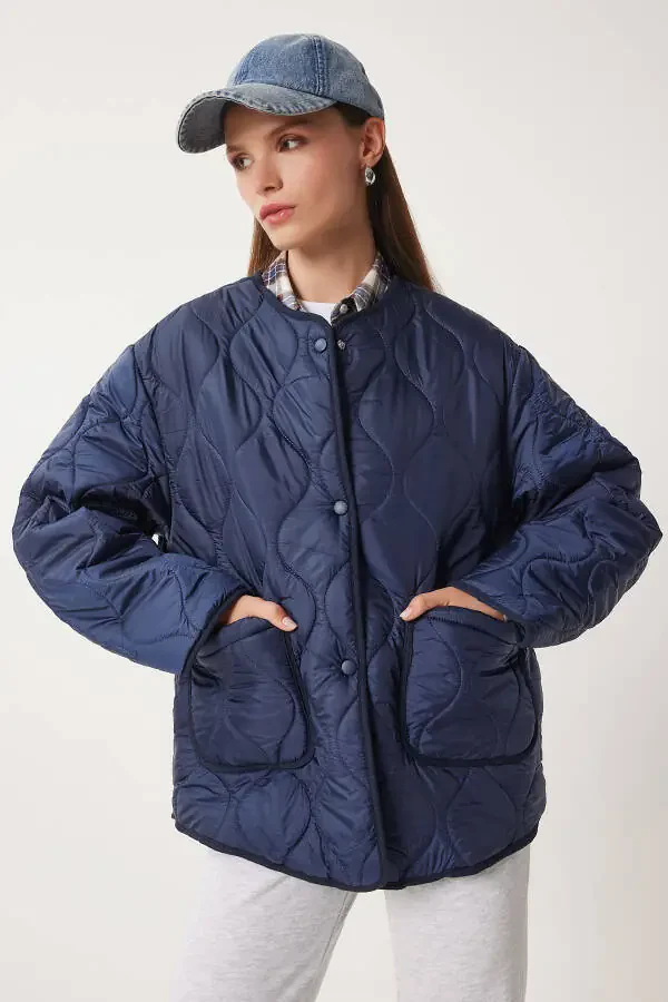 Women's Navy Oversized Quilted Jacket with Pockets DZ00098 - 1