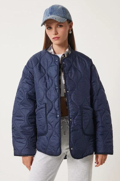 Women's Navy Oversized Quilted Jacket with Pockets DZ00098 - 3