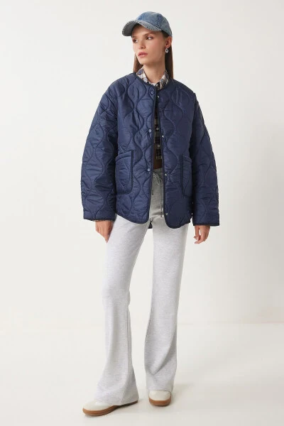 Women's Navy Oversized Quilted Jacket with Pockets DZ00098 - 5