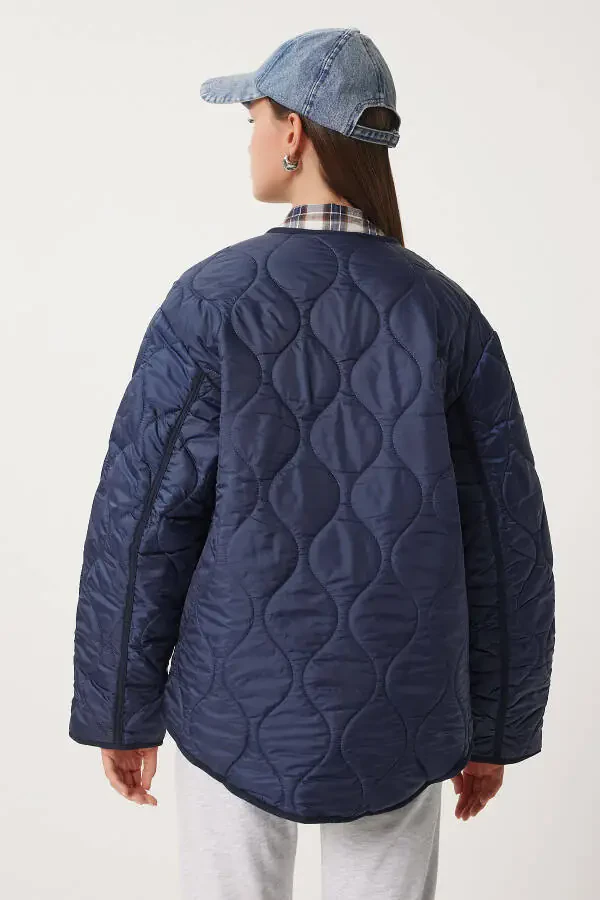 Women's Navy Oversized Quilted Jacket with Pockets DZ00098 - 9