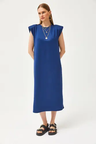 Women's Navy Padded Shoulder Crystal Dress ELB-19002086-Navy - OLALOOK (1)