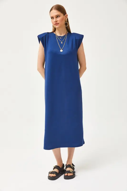Women's Navy Padded Shoulder Crystal Dress ELB-19002086-Navy - 2