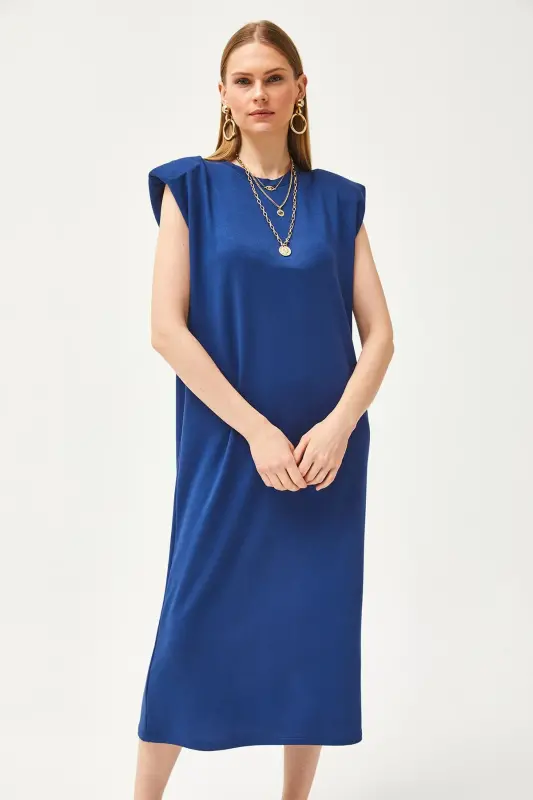 Women's Navy Padded Shoulder Crystal Dress ELB-19002086-Navy - 5