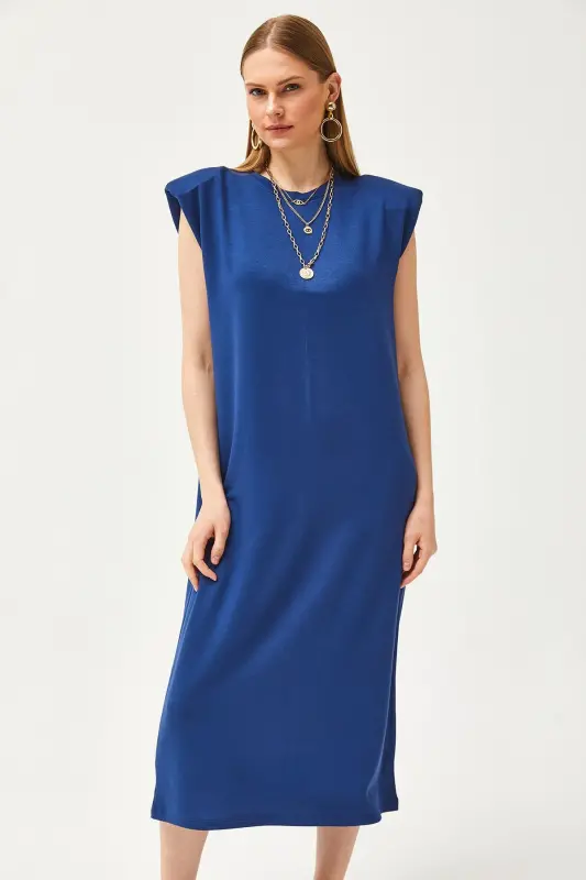 Women's Navy Padded Shoulder Crystal Dress ELB-19002086-Navy - 6