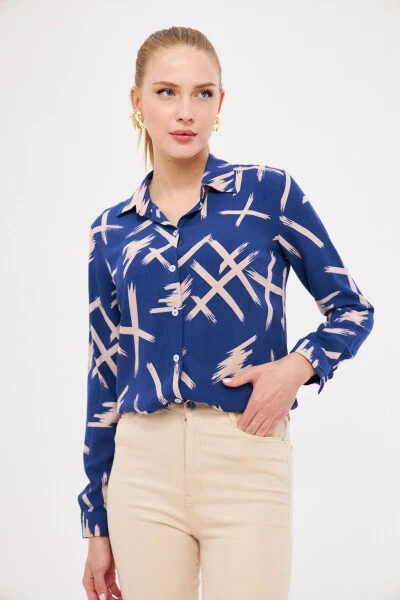 Women's Navy Patterned Long Sleeve Shirt ARM-25K0010 