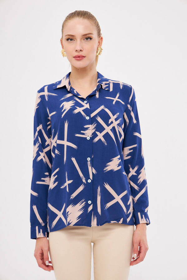 Women's Navy Patterned Long Sleeve Shirt ARM-25K0010 - 3