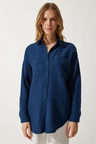 Women's Navy Pocket Oversized Muslin Shirt MX00150 - 4