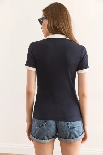 Women's Navy Polo Collar Color Detailed Flexible Cotton - 2