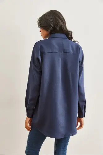 Women's Navy Sequin Wool Effect Oversize Winter Shirt GML-19001157-Navy - OLALOOK (1)