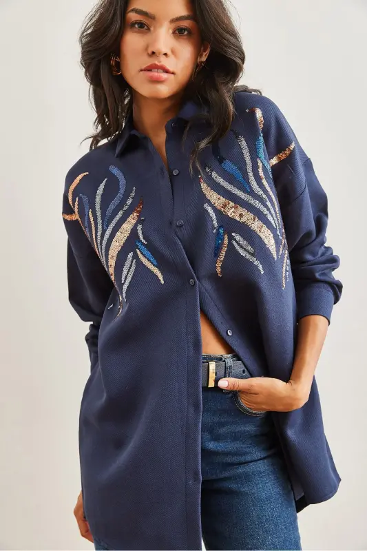 Women's Navy Sequin Wool Effect Oversize Winter Shirt GML-19001157-Navy - 3