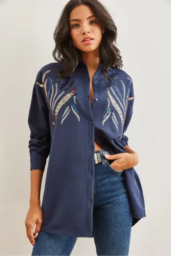 Women's Navy Sequin Wool Effect Oversize Winter Shirt GML-19001157-Navy - 5