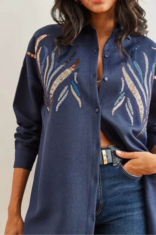 Women's Navy Sequin Wool Effect Oversize Winter Shirt GML-19001157-Navy - 6