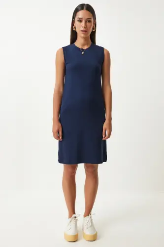 Women's Navy Sleeveless Casual Knitted Dress OW00046-Navy - 1