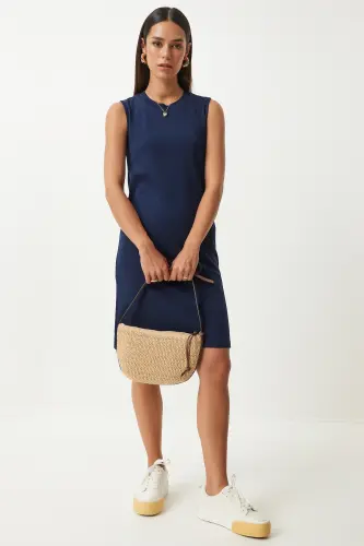 Women's Navy Sleeveless Casual Knitted Dress OW00046-Navy - 3