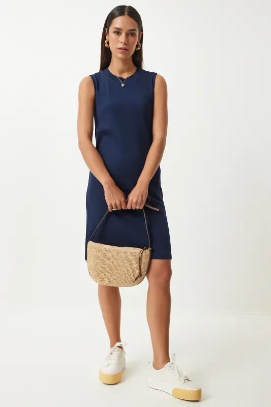 Women's Navy Sleeveless Casual Knitted Dress OW00046-Navy - 3