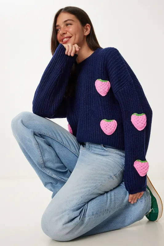 Women's Navy Strawberry Textured Knit Sweater PF00022-Navy - HAPPINESS İSTANBUL