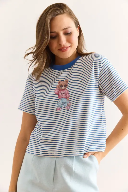 Women's Navy Striped Bear Printed Cotton T-shirt - 3