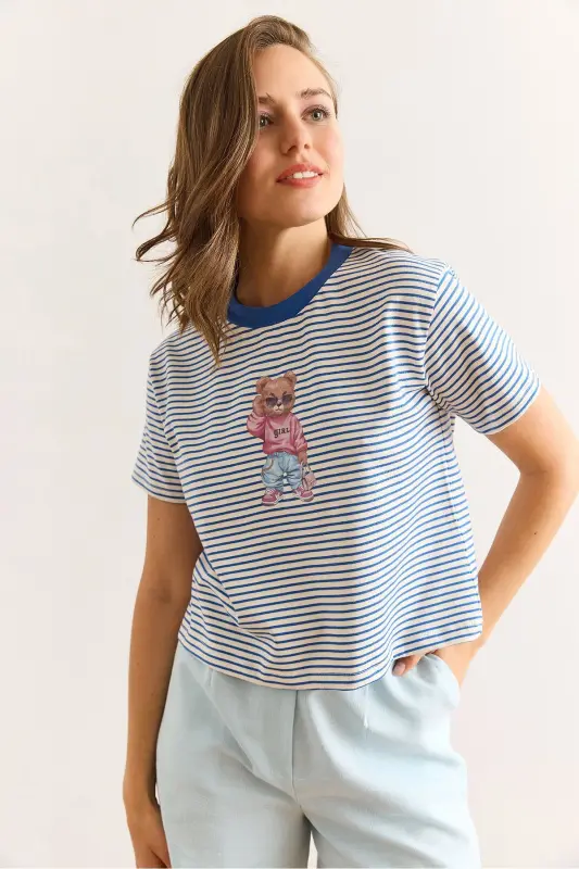 Women's Navy Striped Bear Printed Cotton T-shirt - 4