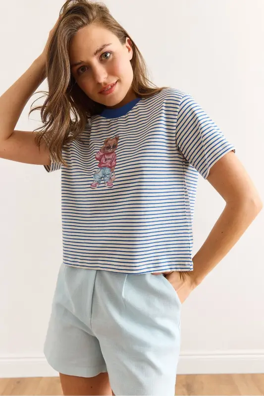 Women's Navy Striped Bear Printed Cotton T-shirt - 6