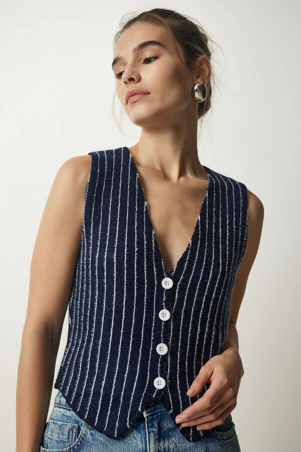Women's Navy Striped Chardon Knit Cardigan WF00058 - 1