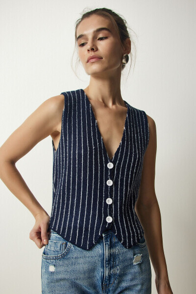 Women's Navy Striped Chardon Knit Cardigan WF00058 - 5