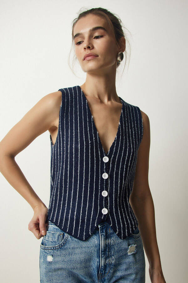 Women's Navy Striped Chardon Knit Cardigan WF00058 - 5