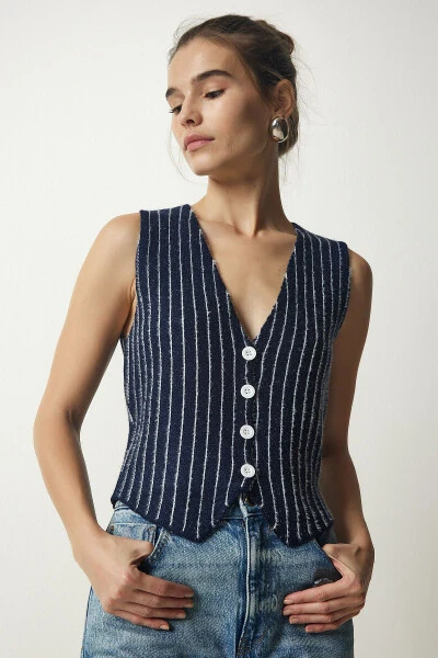 Women's Navy Striped Chardon Knit Cardigan WF00058 - HAPPINESS İSTANBUL (1)