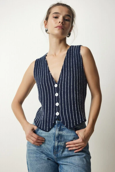 Women's Navy Striped Chardon Knit Cardigan WF00058 - 3