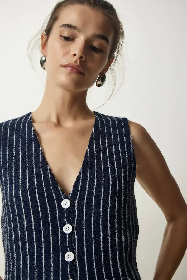 Women's Navy Striped Chardon Knit Cardigan WF00058 - 4