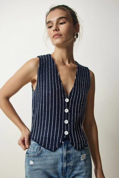 Women's Navy Striped Chardon Knit Cardigan WF00058 - 5