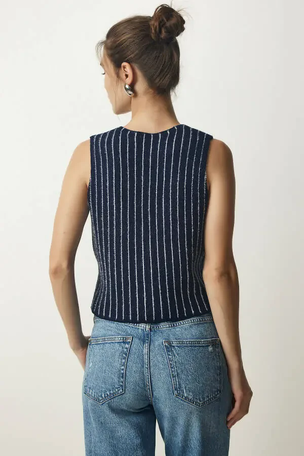 Women's Navy Striped Chardon Knit Cardigan WF00058 - 7