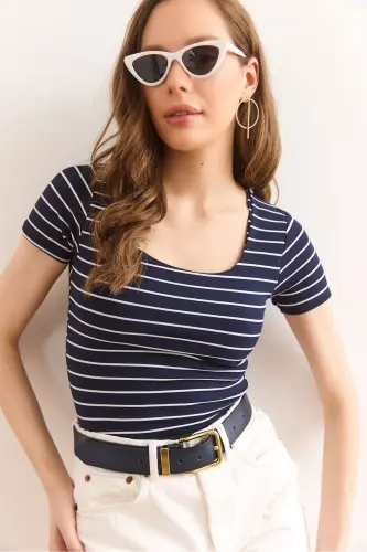 Women's Navy Striped Square Neck Stretch Cotton T-Shirt - 1