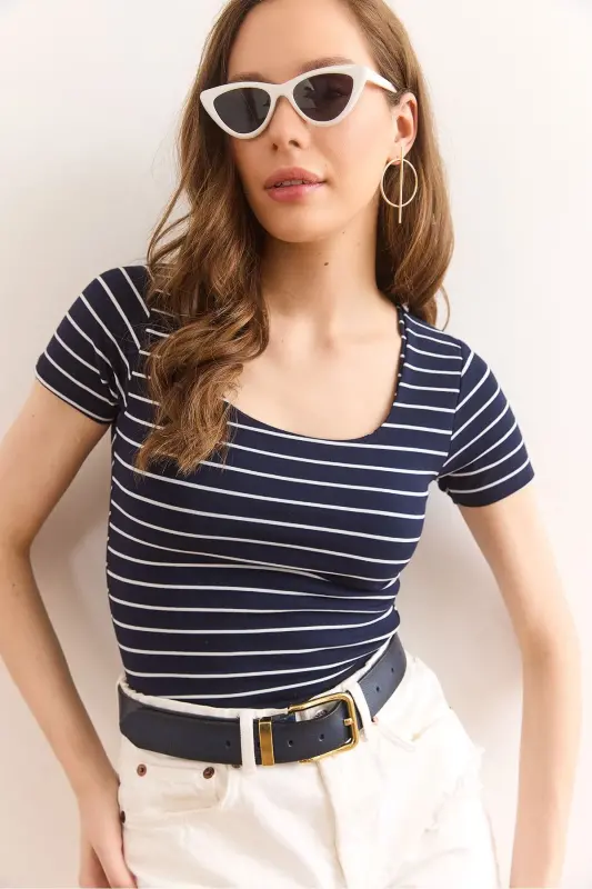 Women's Navy Striped Square Neck Stretch Cotton T-Shirt - 1