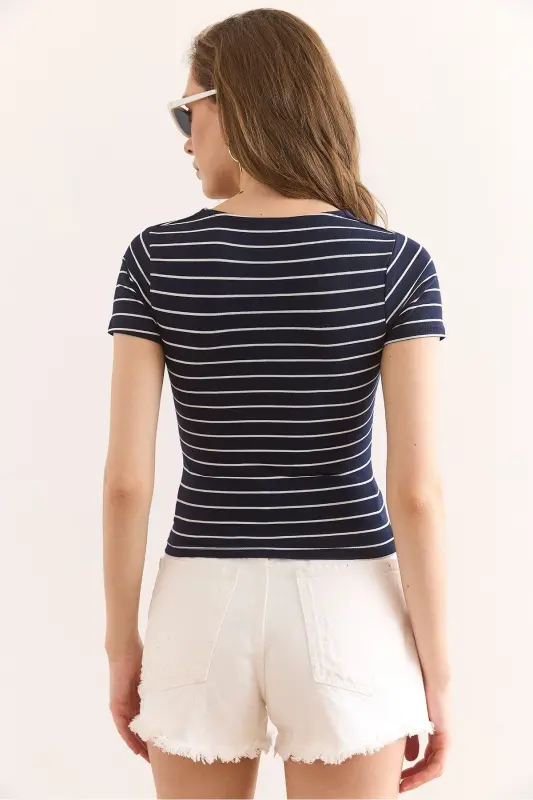 Women's Navy Striped Square Neck Stretch Cotton T-Shirt - 2
