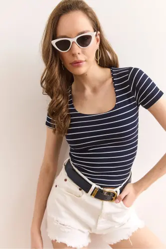 Women's Navy Striped Square Neck Stretch Cotton T-Shirt - 3