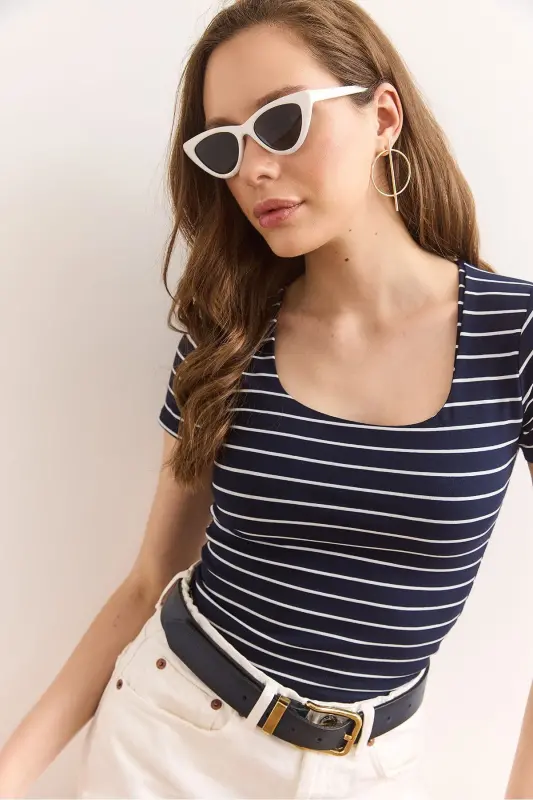 Women's Navy Striped Square Neck Stretch Cotton T-Shirt - 4