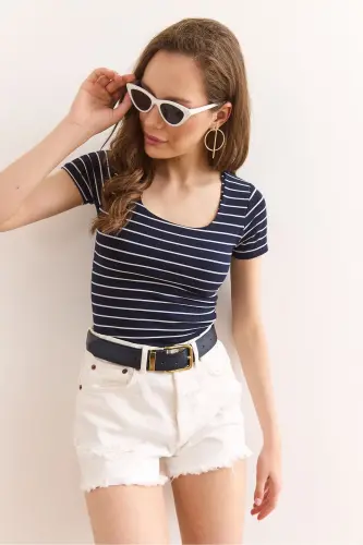 Women's Navy Striped Square Neck Stretch Cotton T-Shirt - 5