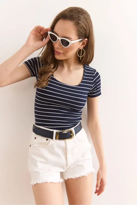 Women's Navy Striped Square Neck Stretch Cotton T-Shirt - 5