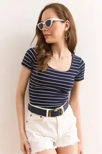 Women's Navy Striped Square Neck Stretch Cotton T-Shirt - 6