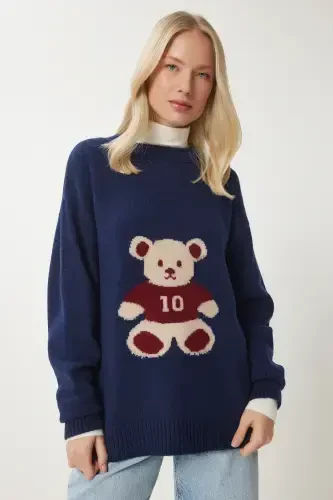 Women's Navy Teddy Bear Textured Soft Knit Sweater MX00177-Navy - 1