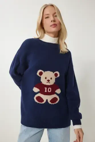 Women's Navy Teddy Bear Textured Soft Knit Sweater MX00177-Navy - HAPPINESS İSTANBUL (1)