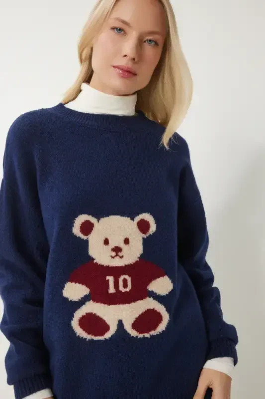 Women's Navy Teddy Bear Textured Soft Knit Sweater MX00177-Navy - 3