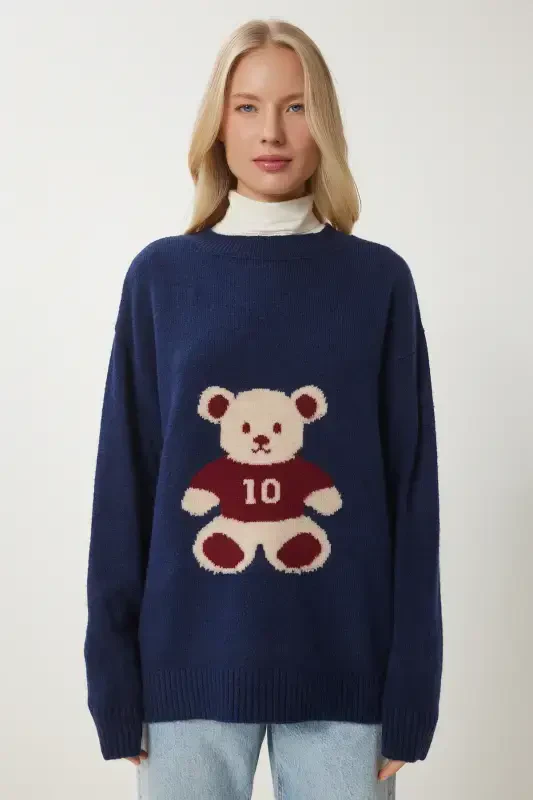 Women's Navy Teddy Bear Textured Soft Knit Sweater MX00177-Navy - 4