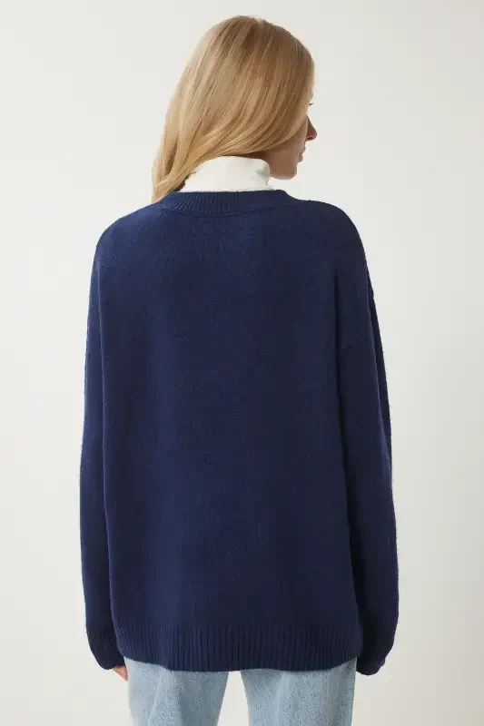 Women's Navy Teddy Bear Textured Soft Knit Sweater MX00177-Navy - 6