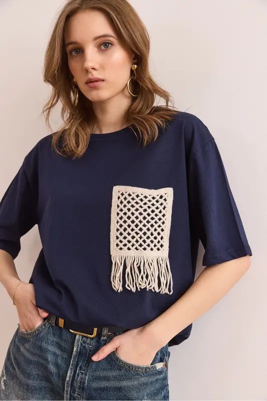 Women's Navy Trimmed T-Shirt TSH-19000768-Navy - 3