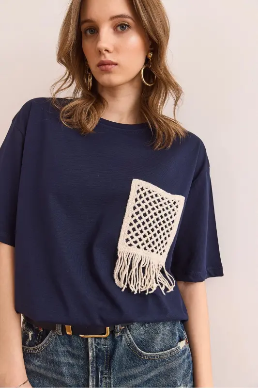 Women's Navy Trimmed T-Shirt TSH-19000768-Navy - 5