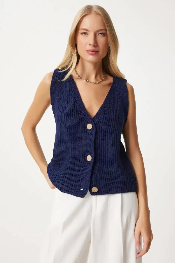 Women's Navy V-Neck Knit Vest YY00221 - 1